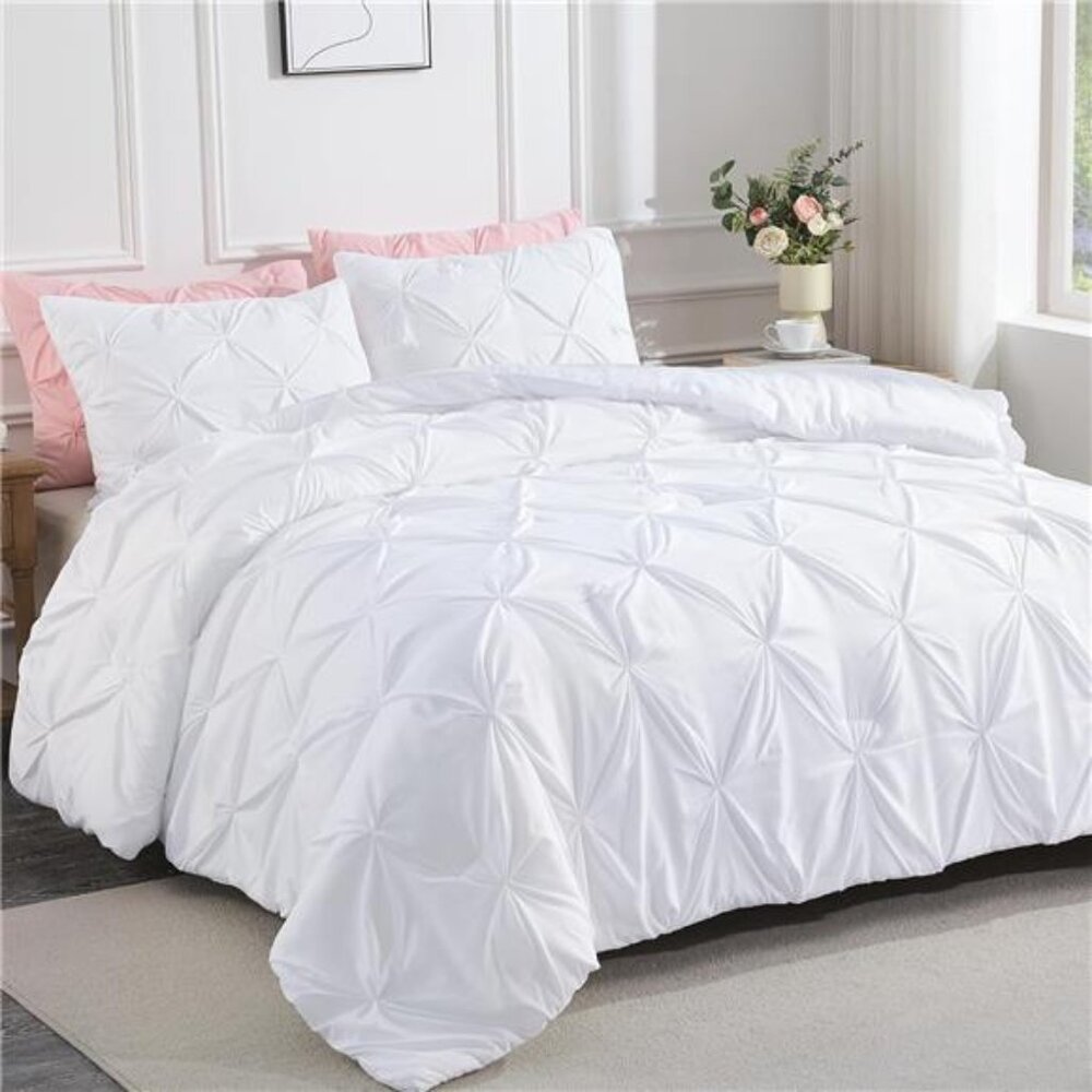White Queen Comforter Set(90x90Inch),3 Pieces Cute Pinch Pleat Bedding Comforter